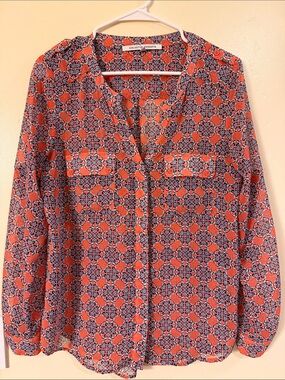 Collective Concepts Coral Button-Front Blouse with Navy Geometric Print